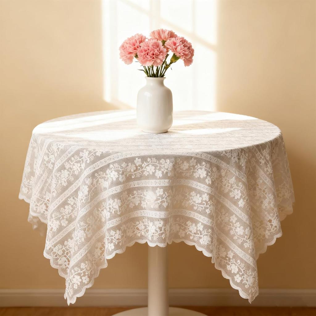 White Lace Square Tablecloth, Vintage Floral Embroidered Table Cloths Square Small Table Cloth Dustproof Tables Protector for Kitchen Dining Room