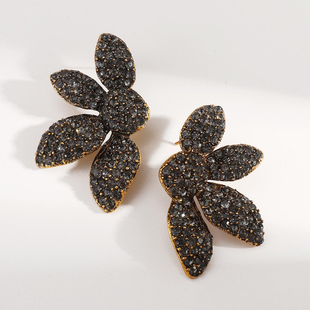 Übertriebene Strass-Blatt-Steckohrringe für Damen, Vintage Gothic Schwarzer Zirkon Kristall Blume Ohrringe, Party Schmuck Geschenke