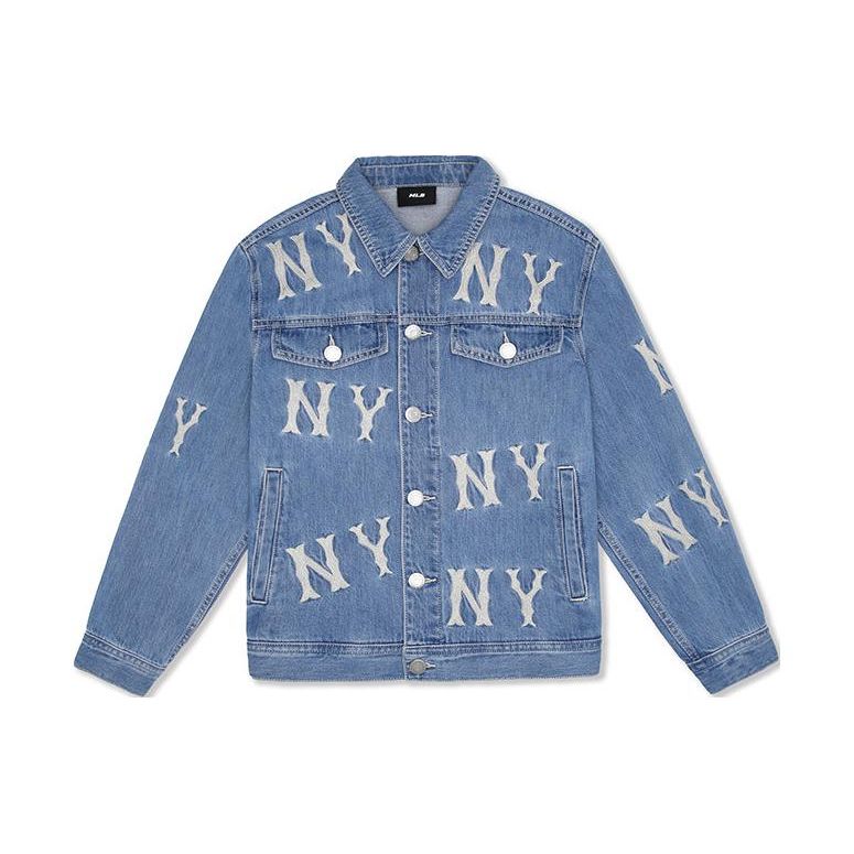 MLB SS24 New York Yankees Gesticktes Logo Einreihige Langarm-Jeansjacke Unisex Jacken Hellblau 3ADKB0141-50BLL S gray