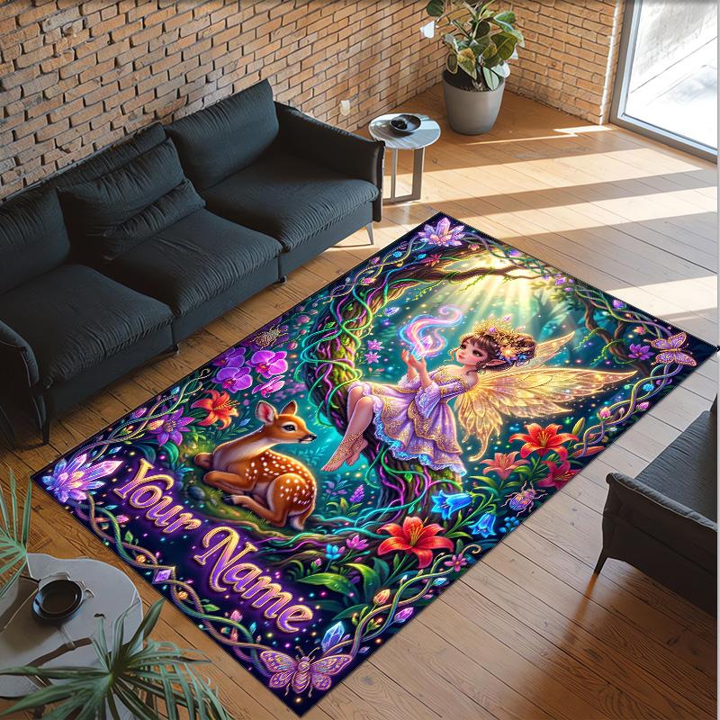Forest Theme Crystal Velvet Floor Rug Personalized Custom Name Text Warm Carpet Home Decoration
