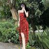 Red floral suspender dress women's new design sense ruffle leaf edge irregular waist smudge suspender skirt