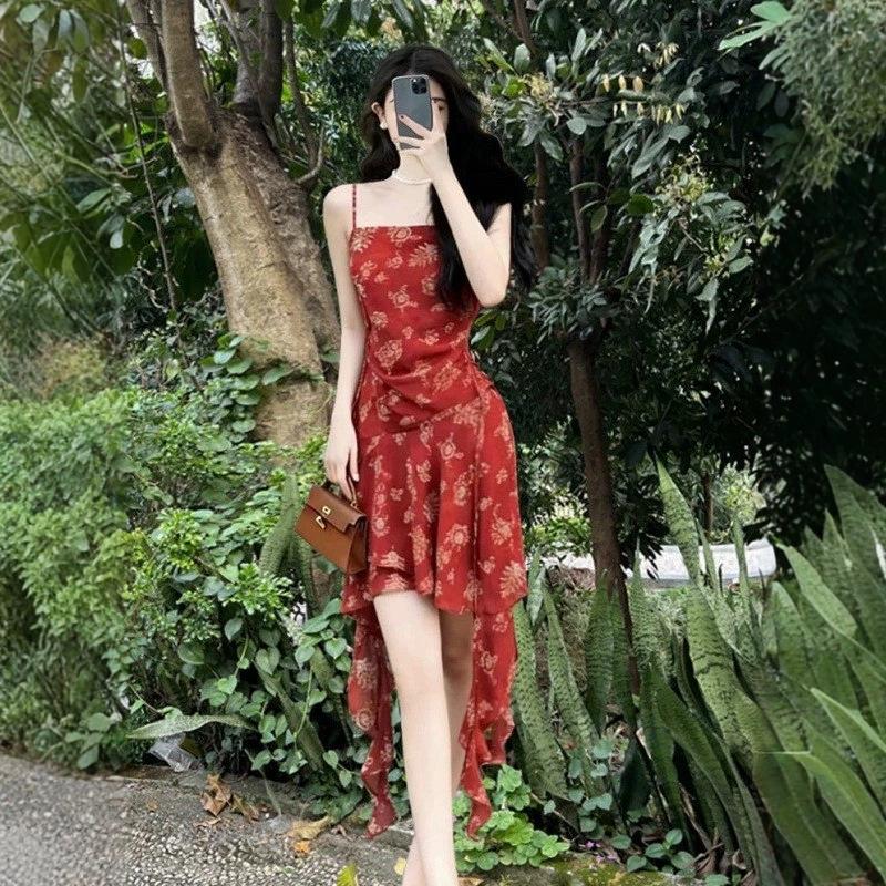 Red floral suspender dress women's new design sense ruffle leaf edge irregular waist smudge suspender skirt