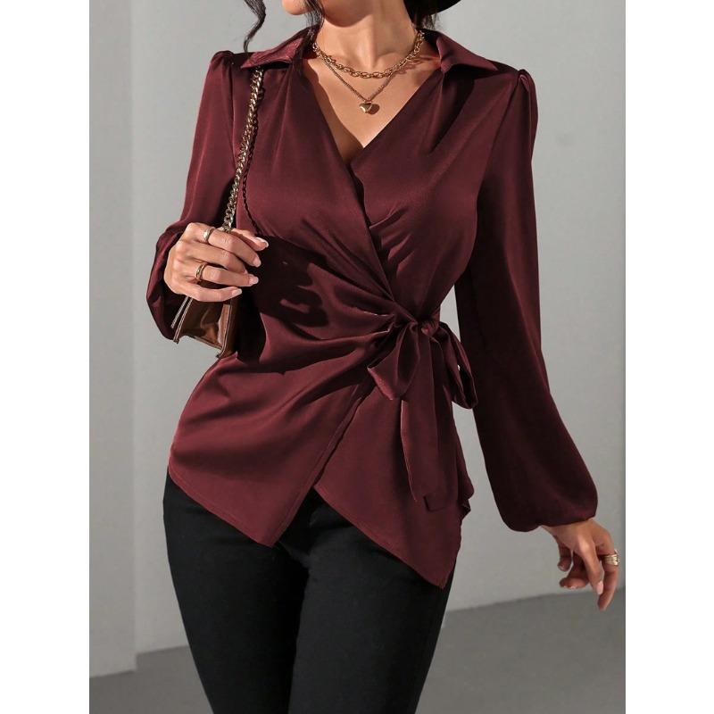 Spring and Winter Lace Up Waist Cinching Shirt New Long Sleeved Women Blouse Shirt with Tie Up Waist Fashion Tops Casual V Neck Clothing