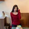 Temperament Swinging Collar Fungus Edge Long-sleeved T-shirt Women's Autumn Niche Slim and Thin Fake Two One-word Shoulder Red Top