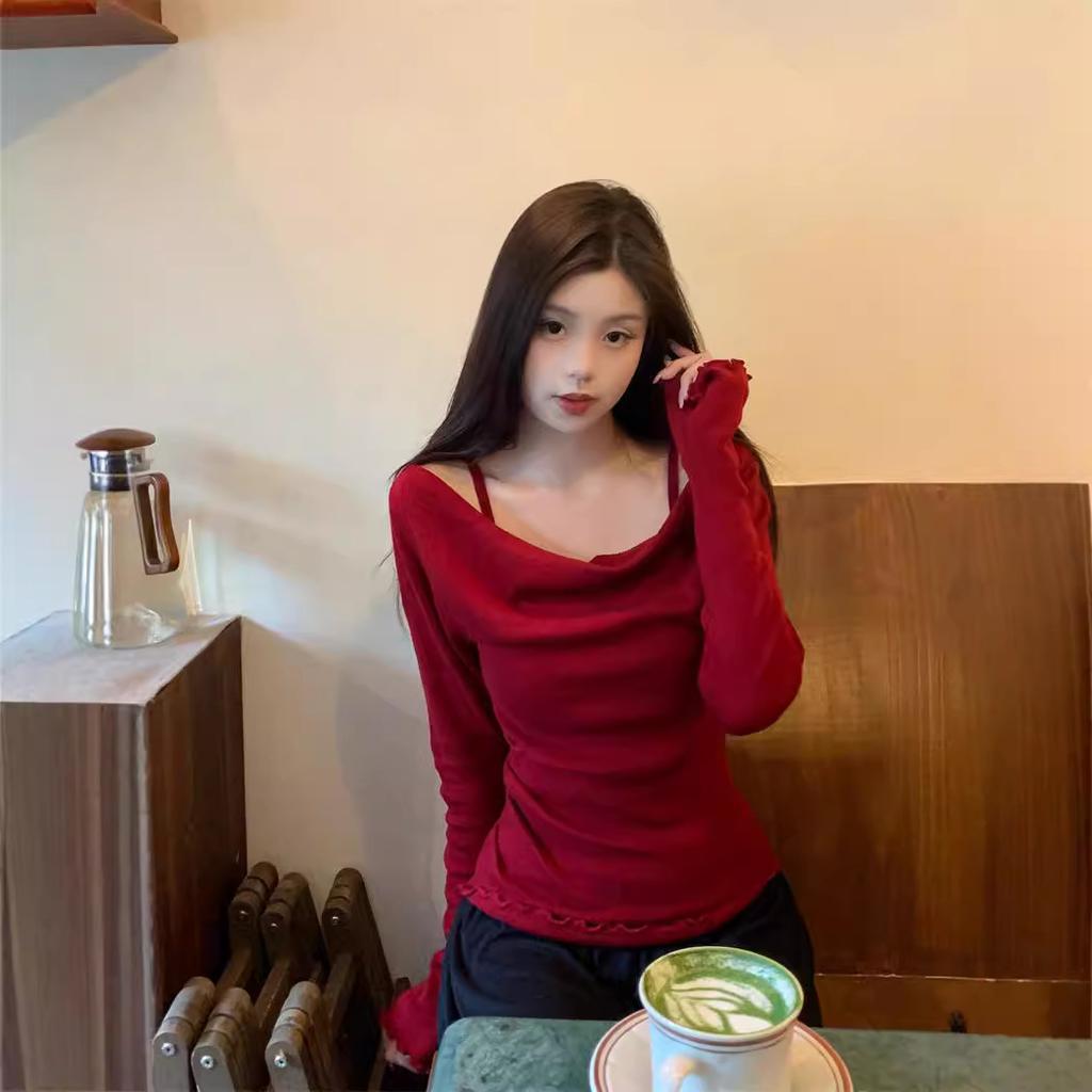Temperament Swinging Collar Fungus Edge Long-sleeved T-shirt Women's Autumn Niche Slim and Thin Fake Two One-word Shoulder Red Top