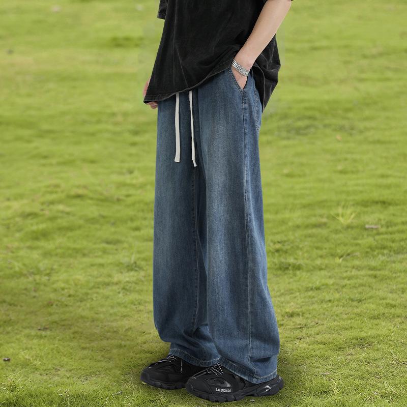 Light Blue Ice Silk Jeans Men's Thin Summer Straight Teen Pants Extended Tall Drawstring Wide-leg Pants