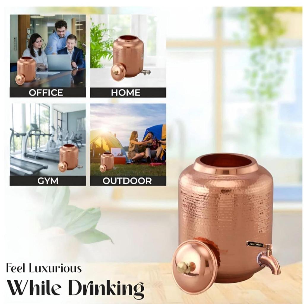 8 Litre Hammered Copper Water Dispenser (Matka) Container Pot with 6 Pure Copper Glasses Pure Copper and Ayurvedic Health Benefits