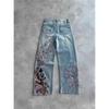 ROADVIBE Vintage Kirschblüte Schwarzer Ritter Stickerei Jeans Y2k Retro Baggy Gerade Denim Hose Blaue Waschung Jean Herrenbekleidung Streetwear