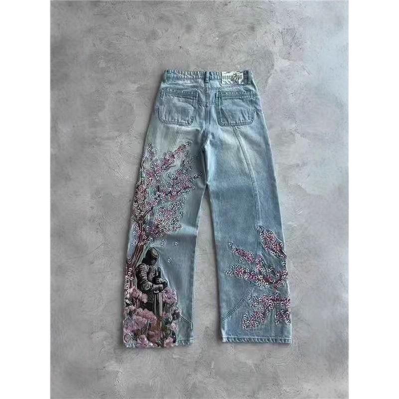 ROADVIBE Vintage Kirschblüte Schwarzer Ritter Stickerei Jeans Y2k Retro Baggy Gerade Denim Hose Blaue Waschung Jean Herrenbekleidung Streetwear
