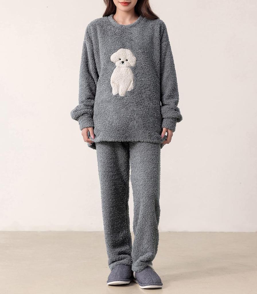 DAYCLOSET Long Sleeve Boa Top and Pants Loungewear Warm and Thick for Roomwear197 Women's 2-Piece Set, Winter, Brown,