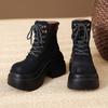 Fashion Women New Autumn Winter Leather Ankle Boots 9CM Chunky Heels Motorcycle Boots Woman Thick Bottom High Platform Short Booties