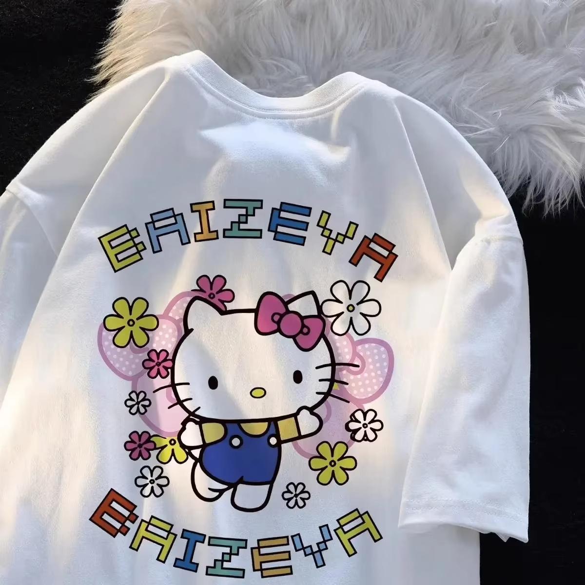 

2026 Summer HelloKitty Cute Print Tshirt Casual Shortsleeved Cotton Top Womens Tshirt Sweet Cute Style for Everyday Wear S
