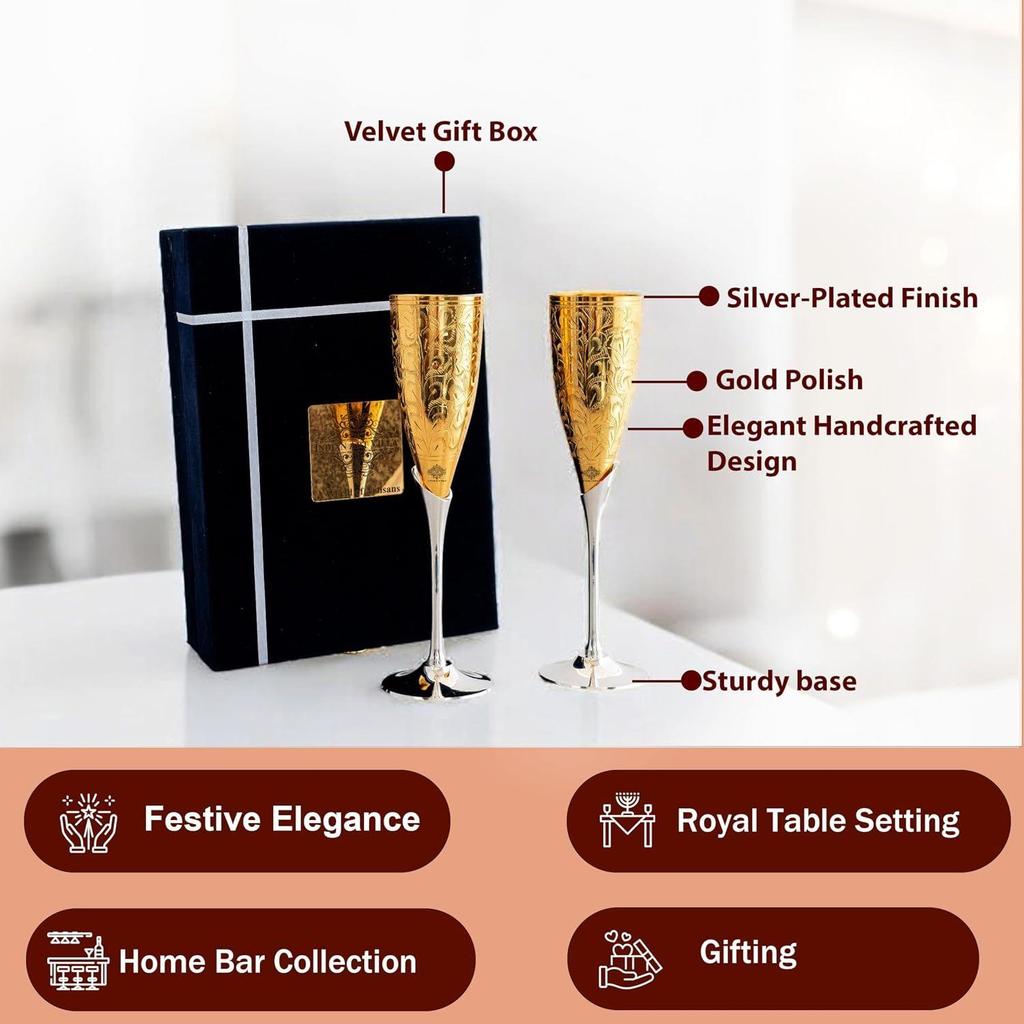 Set of 2 Silver Gold Polish & Brass Champange Wine Glass with Blue Box, Best for Parties, Diwali Gift Set of 2