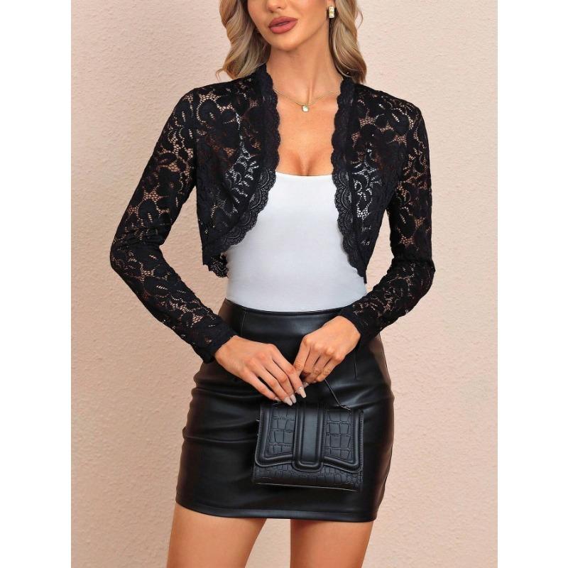 Women S Elegant Lace Trim Short Cardigan Jacket Top