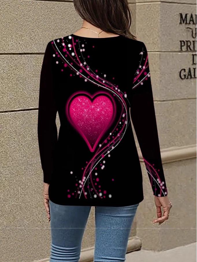 Damen T-Shirt mit Herzmuster und überkreuzten Trägern, Langarm
