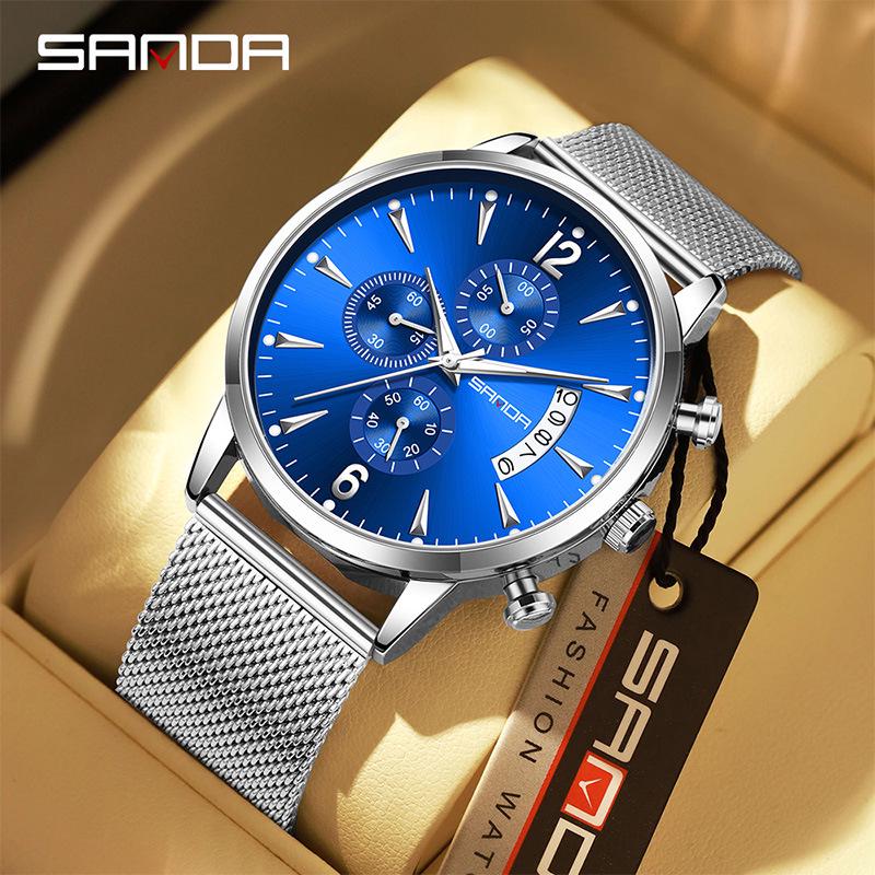 Sanda Retro Men's Waterproof Quartz Wristwatch with Small Seconds and Calendar - Fashionable Steel Band.