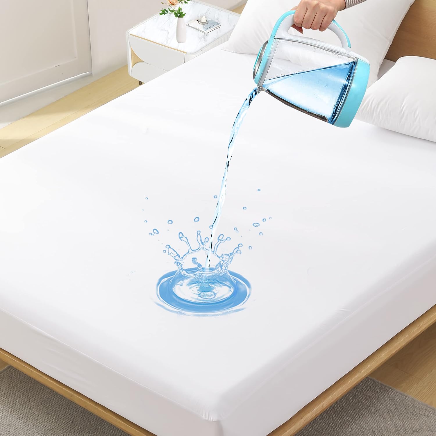 

Waterproof Mattress Protector - Fitted with Stretchable Pockets - Machine Washable Cotton Mattress Cover for Bed Twin білий