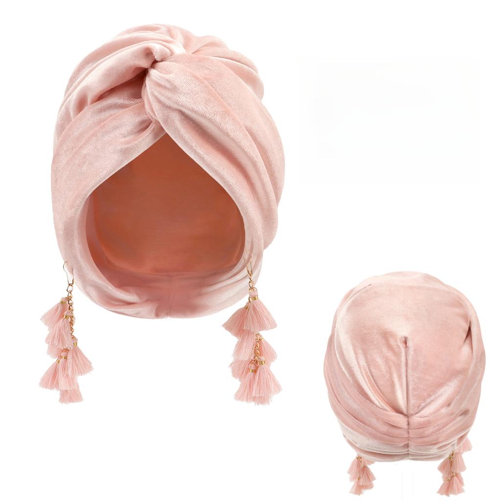 New Spring Women's Bohemia Velet Turban Tassel Head Wrap Cap European American Retro Style Boho Cross Beanie Hat