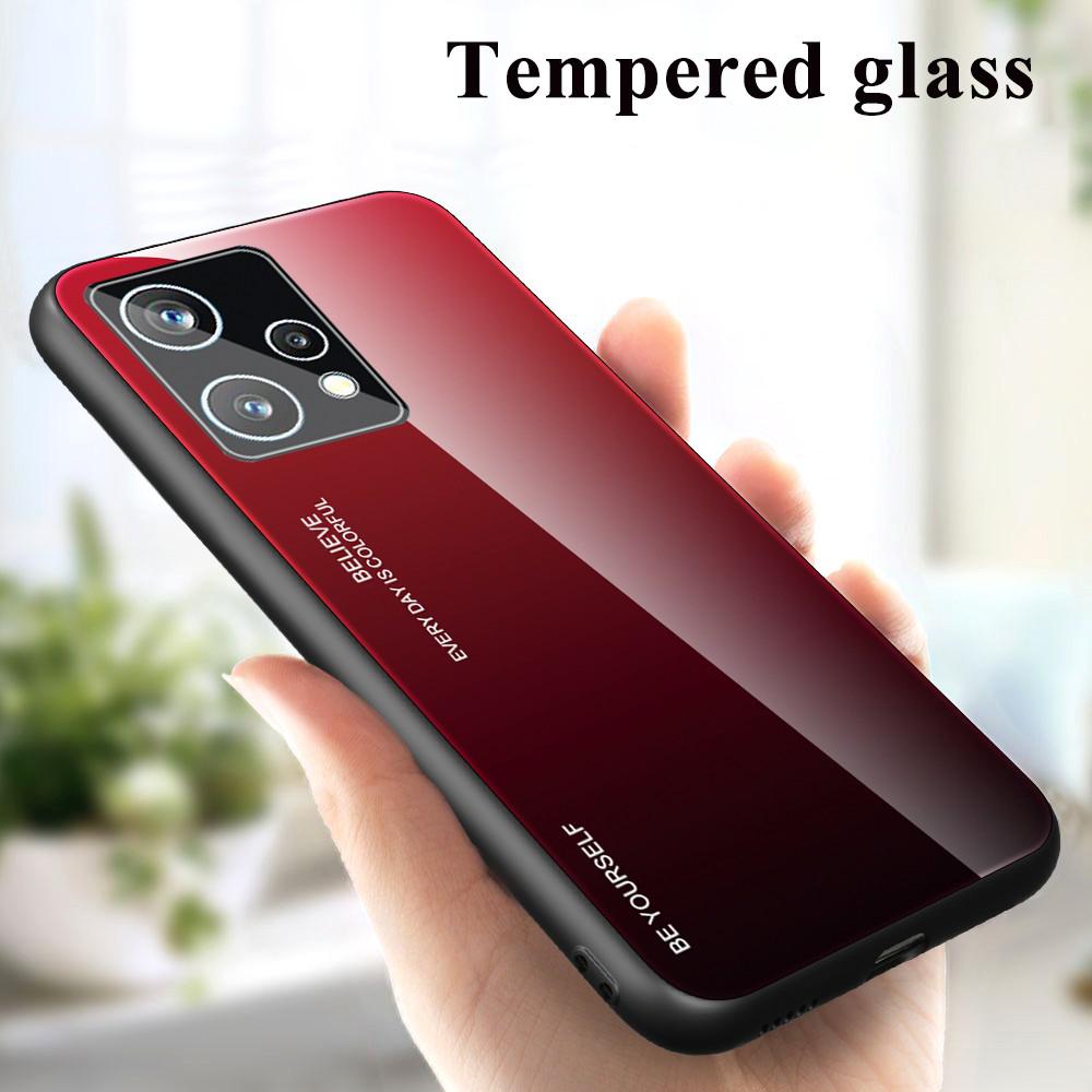 

For Realme 9 Pro+ Gradient Color Hybrid Tempered Glass+TPU Case Shockproof Mobile Phone Cover Red/Black