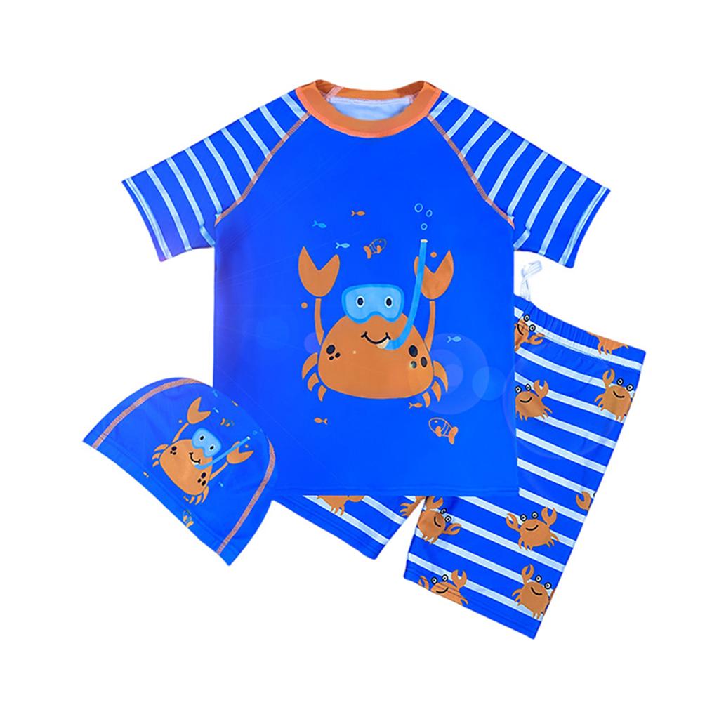 Boys Summer Three-Piece Swimsuit Set Short Sleeve Rash Guard Swim Shirt Swim Shorts Swim Cap Astronaut Print Sun Protection Swimwear