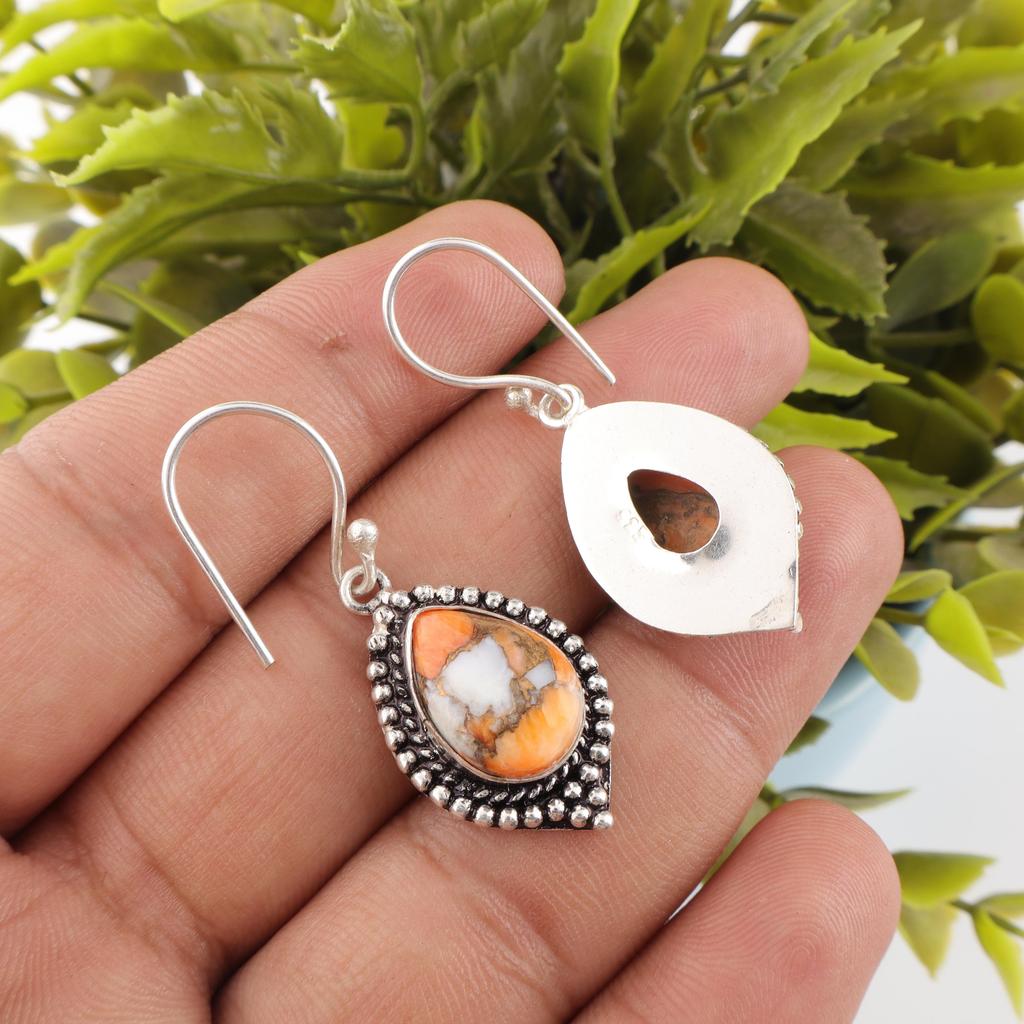 Ohrringe aus 925er Sterlingsilber mit orangefarbenem Kupfer und Türkis, handgefertigte Edelsteinohrringe, Geschenkidee für die Ehefrau