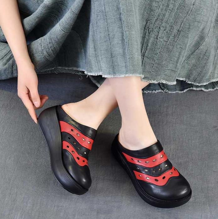 Mode 6cm Echtleder Schweinsleder Mokassins Damen Sommer Aushöhlen Damen Dicksohlige Flats Plateau Keilsandalen Runde Zehenschuhe