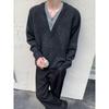 Men's V-Neck Two-Piece Look Hoodie - Textured, Loose Casual Sweater for Spring/Autumn