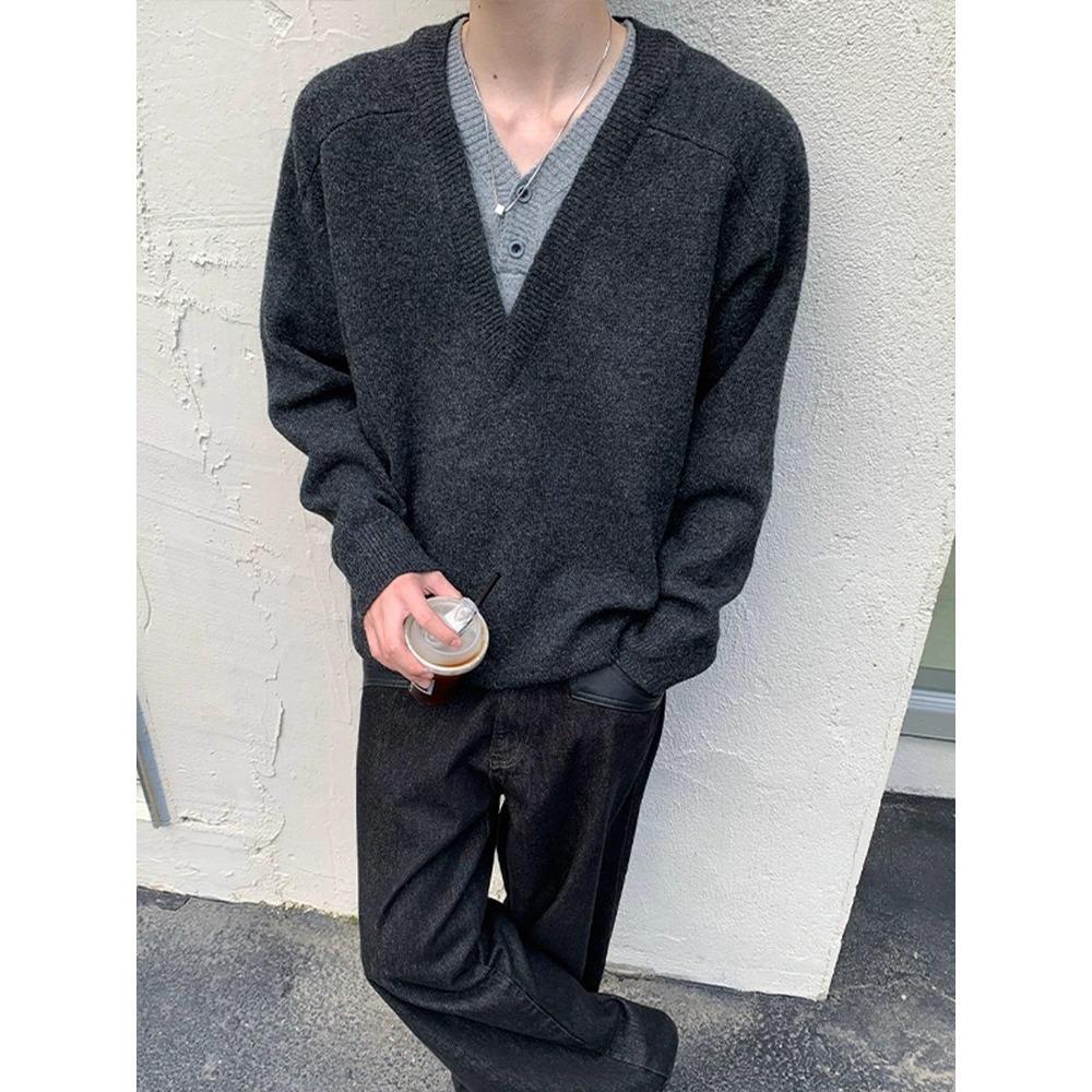 Men's V-Neck Two-Piece Look Hoodie - Textured, Loose Casual Sweater for Spring/Autumn