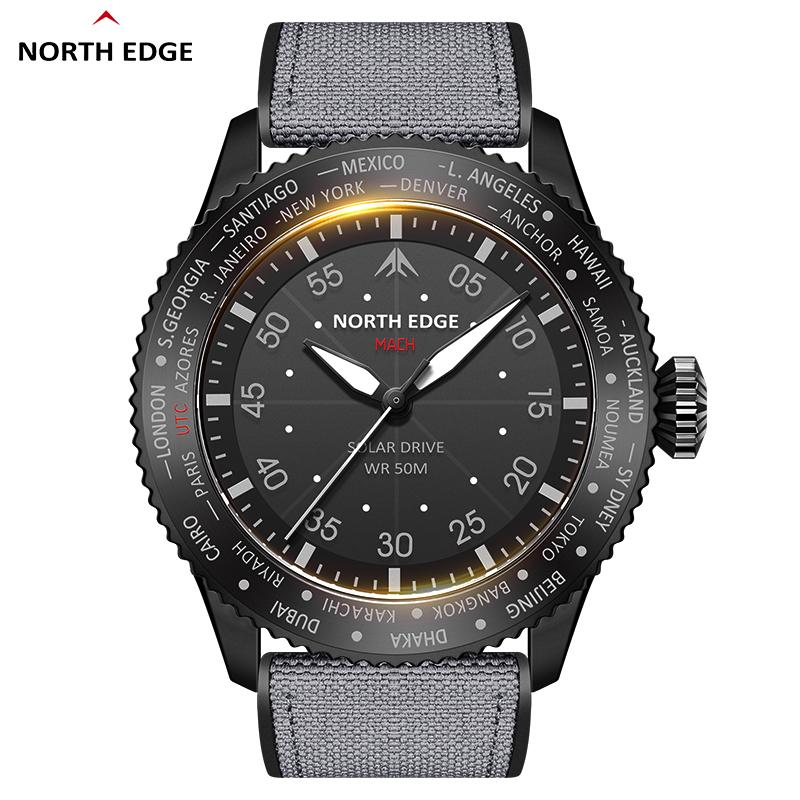 NORTH EDGE MACH Solar Power Quartz Watch Men Waterproof 50M Men's Pilot Sports Swimming Wristwatches Luminous 180+ Days Standby