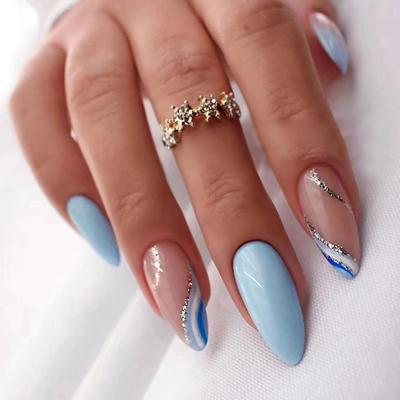 Tipo Mandorla Semplice Ondulato Abbinamento Colori Blu Mare e Bianco Francese Primavera Estate Fresco e Puro Voglio Indossare Cuscinetti per Unghie