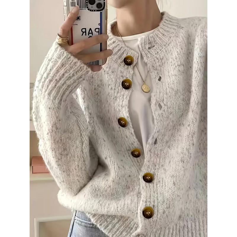 Womens Knit Cardigan Sweater Short Loose Fit Round Neck Single Button Front Fall Winter Casual Wear