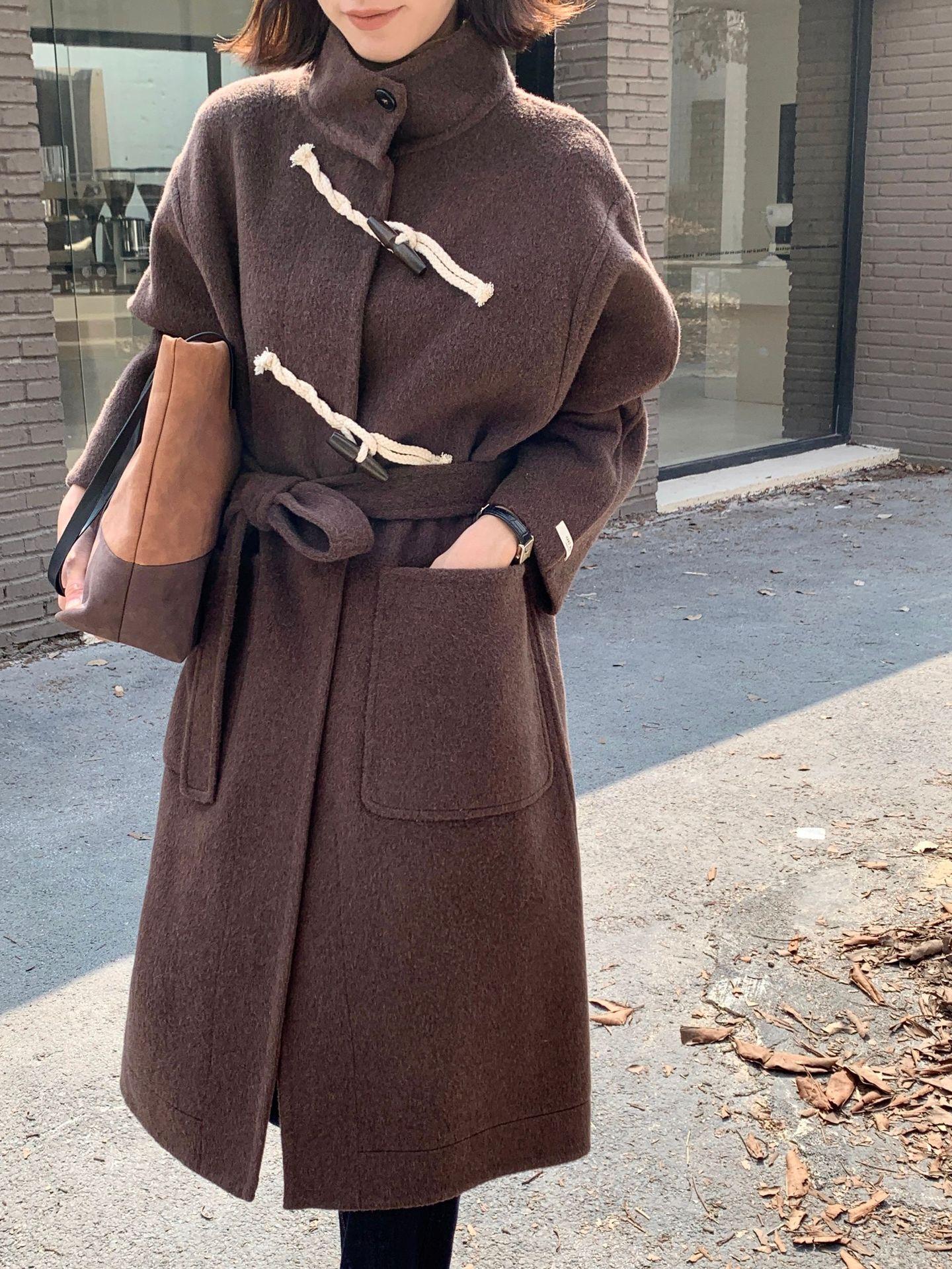 

WT154 пальто с роговой пуговицей, персонализированный дизайн, чувство, женственность, для работы, однотонное, высококачественное шерстяное пальто M темно-коричневого
