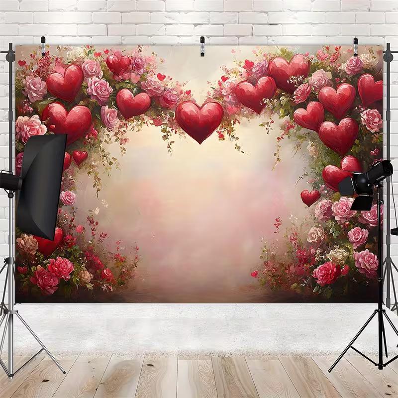 2D Romantic Valentine's Floral and Heart Garland Backdrop Party Photo Background Banner