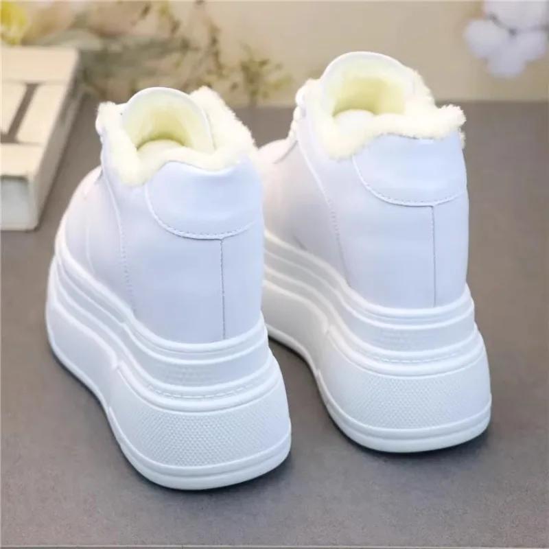 12CM Genuine Leather Platform Wedge Casual Chunky Sneakers Women Shoes Ankle Boots Spring Autumn Winter Plush Warm Shoes
