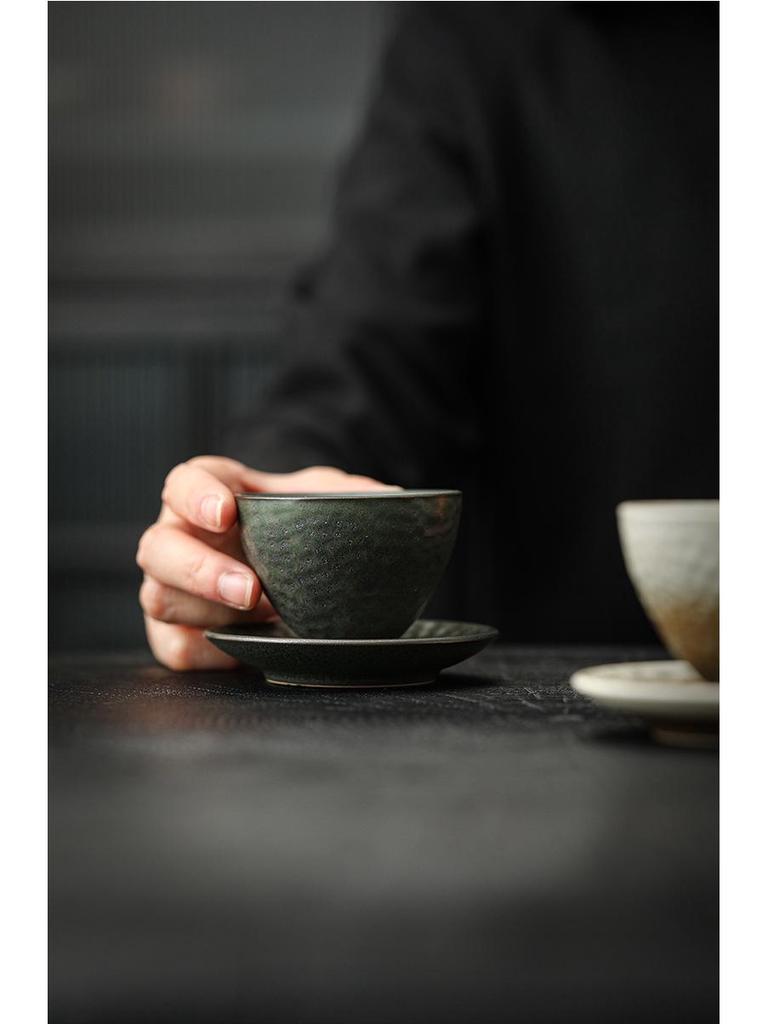 Handmade Jianzhan Coarse Pottery Teacup Set with Hammered Pattern - Retro Ceramic Kung Fu Tea Cup & Coaster