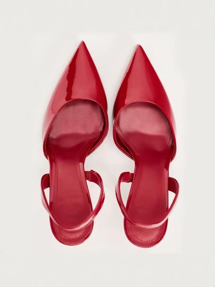 Fashion New Women's Shoes In Red Patent Leather with Shiny Surface, Pointed Temperament, Slim High Heels, Mueller Shoes, Hollow Sandals