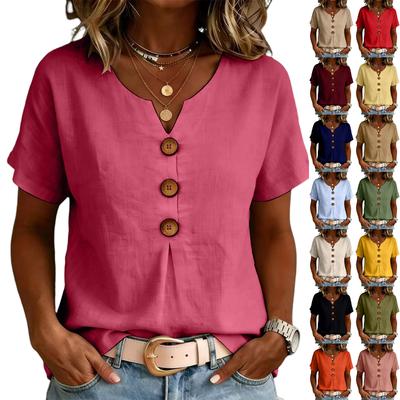 Blusa Casual Suelta de Manga Corta con Cuello en V, Botones al Frente, de Algodón y Lino para Mujer, Top Ligero de Verano para Uso Diario