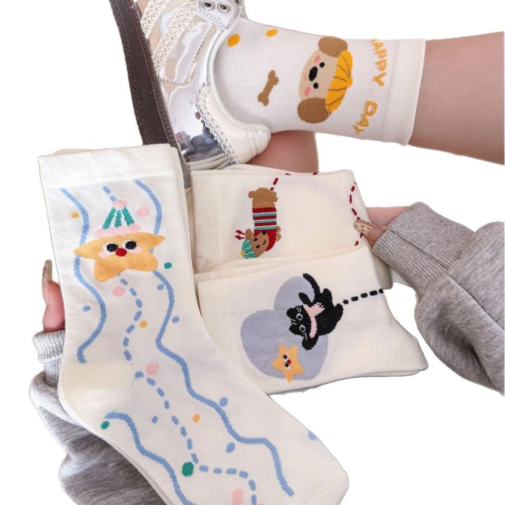 Illustration Puppy Socks Milk White Girls Sports Socks Korean Dachshund Dog Cream Cute Medium Tube Socks
