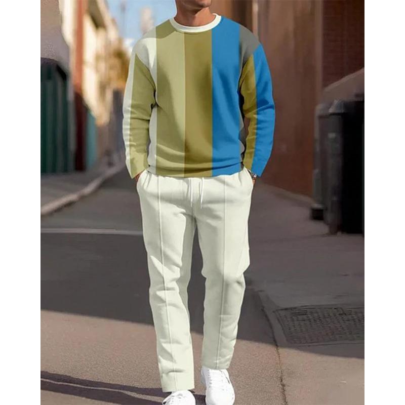 Men's Casual 2-Piece Set Comfortable Long-Sleeved Printing Round Neck Man T-Shirt and Drawstring Sport Two-Piece Sets