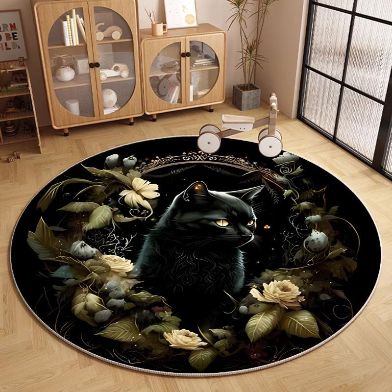 Fantasy Cat Round Rug Black Cat Moon Starry Sky Floral Decor Non-Slip Bedroom Carpet Mysterious Dreamy Illustration Floor Mat
