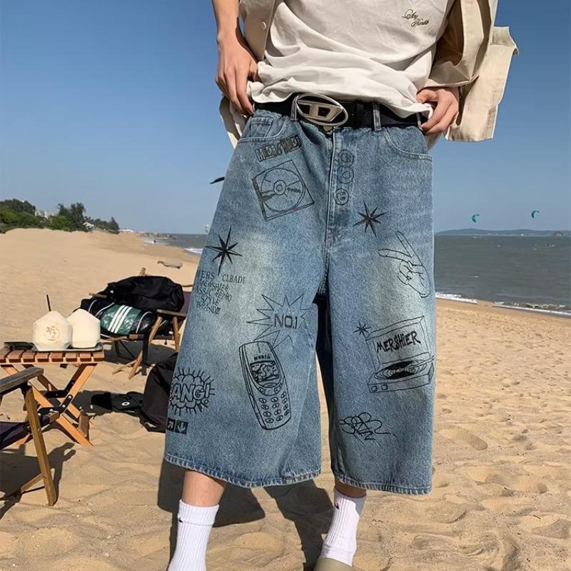 Men's Trendy American Retro Graffiti Oversized Seven-Point Jeans - Summer Street Loose Casual Shorts
