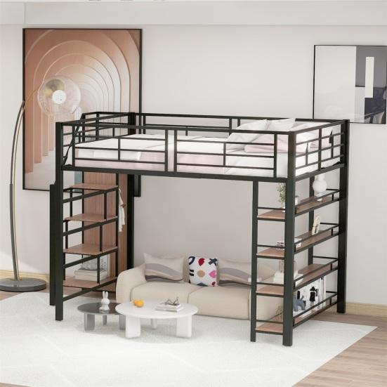 Litera Juvenil con Escalera de Seguridad Varios Estantes Armario Empotrado Carga Fuerte para Adultos Marco Metálico Loft Muebles para el Hogar Doble Capa