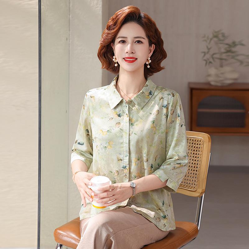 

Elegant Lapel Printed Shirt for Stylish Moms - Summer Seven-Sleeve T-Shirt for Women 4XL (Recommended 135-150 lbs) зелений