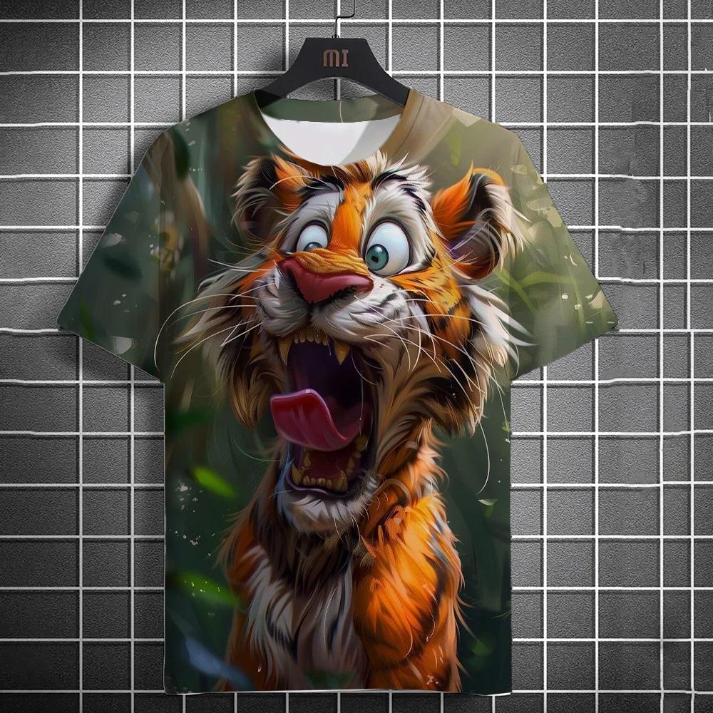 New Fashion Men's Clothing Casual T-shirt 3D Printing Fun Animal Tiger Print Short Sleeve Street Fashion Round Neck Tops