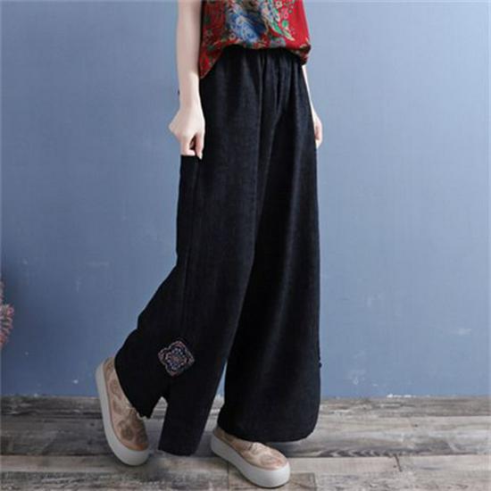 Artistic Retro Style Cotton Linen Floral Patchwork Wide-Leg Pants - Spring/Summer 2026 M (85-105 jin)