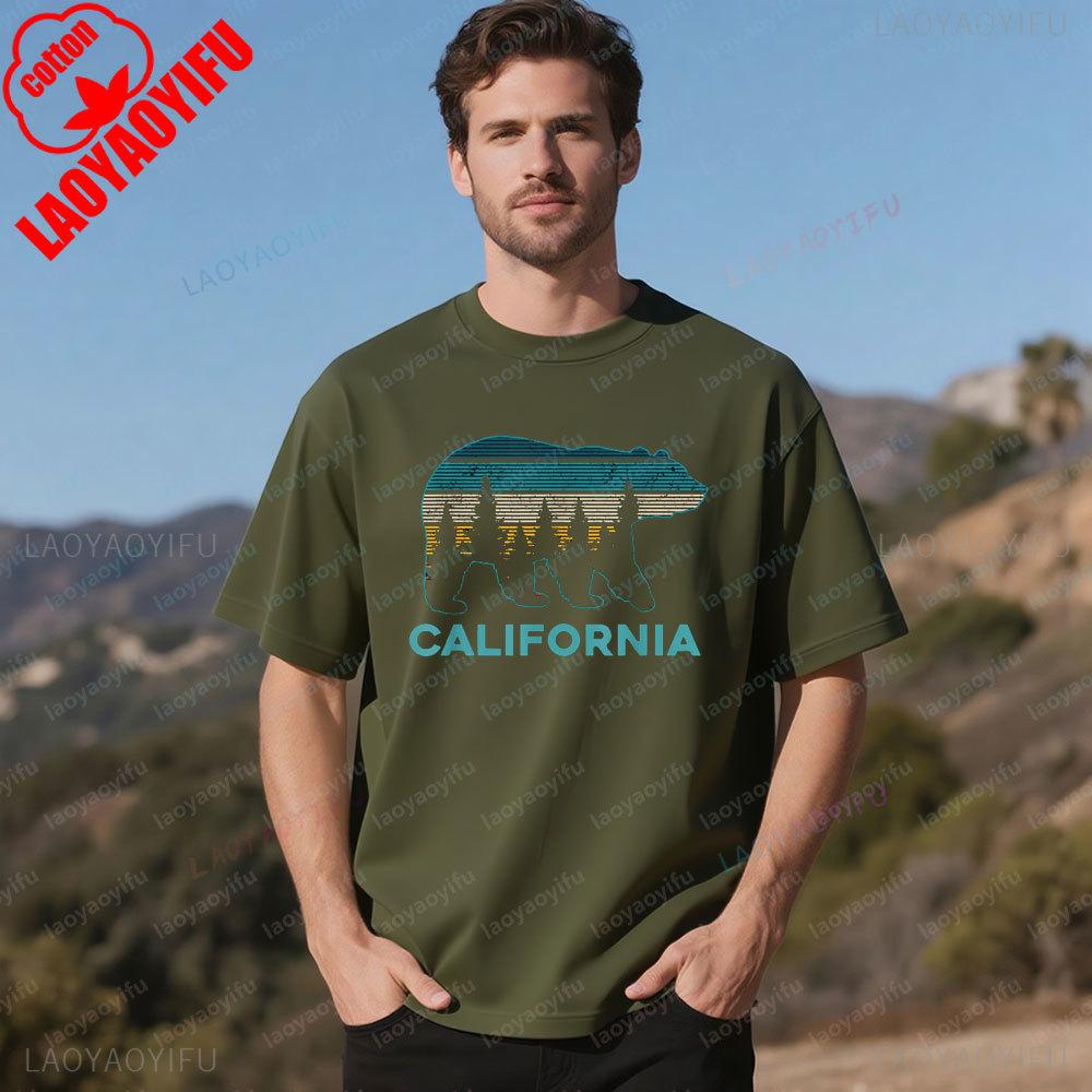 California Bear Vintage Retro Nature Hiking Souvenir Gift TShirt Natural Forest Tee Tops Men Daily Crewneck Cotton Short Sleeve