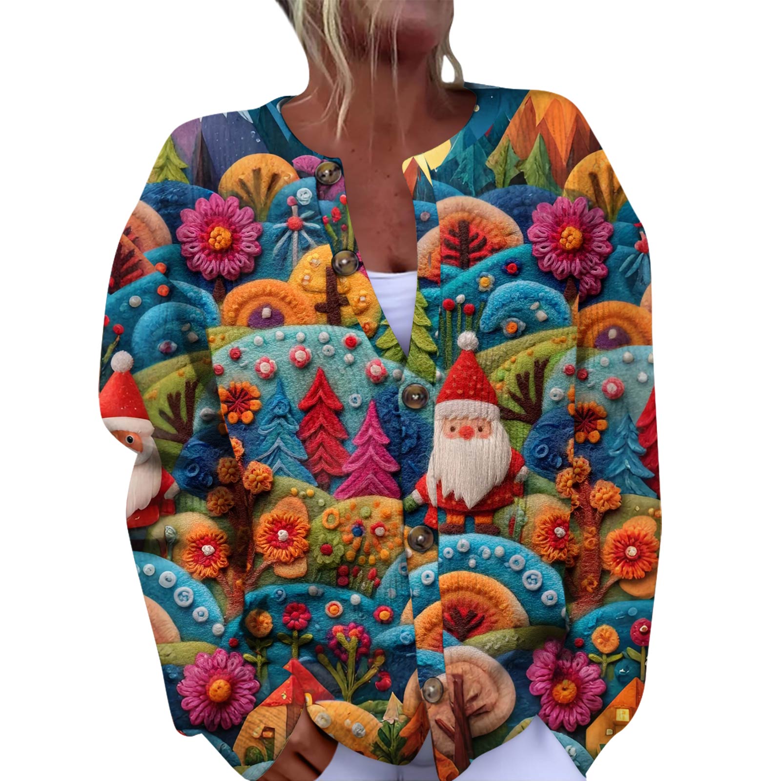 

Women s Fashion Christmas Printed Long Sleeve Knitted Cardigan Button Down Jacket S