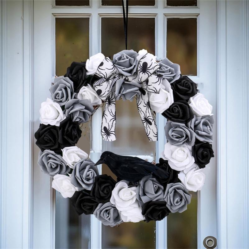 Black and White Rose Crow Front Door Wreath Halloween Decorative Wreath For Home Party Festival Porch Decoration
