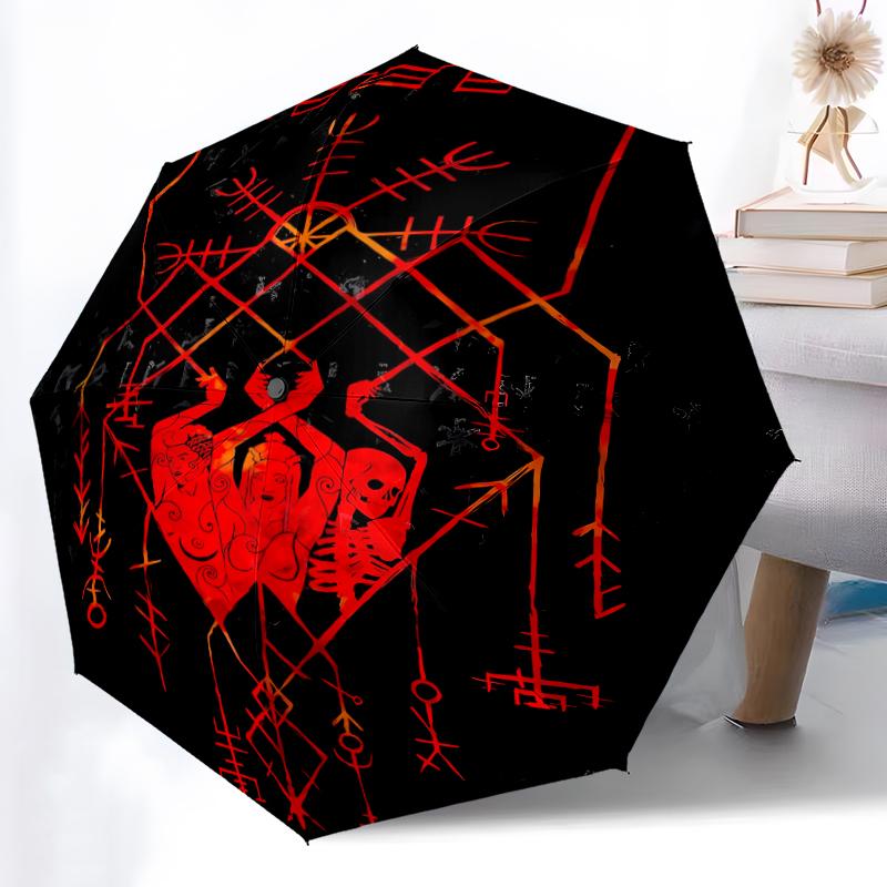 Valknut Print Automatic Umbrella, 8 Rib Iron Frame, Plastic Handle, Suitable for Outdoor Travel &Daily , Ideal Gift