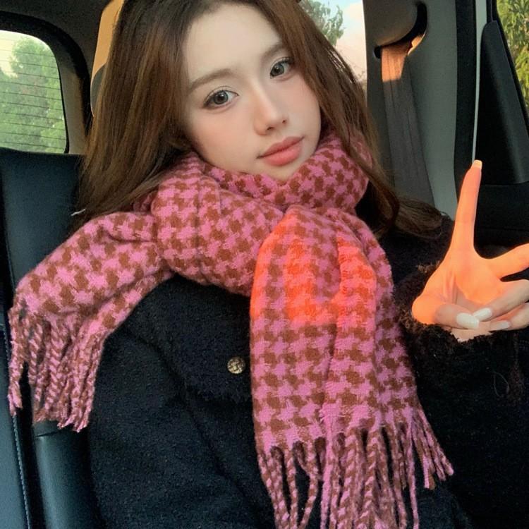 Houndstooth Plaid Tassel Scarf for Girls Winter New Retro Warm Knitted Couple Scarf and Shawl Dual Use